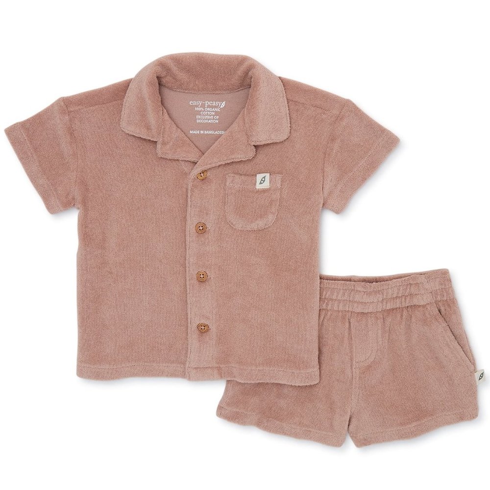 100% Organic easy-peasy Baby Boy Terry Cloth Shirt & Shorts Set soft Warm Taupe